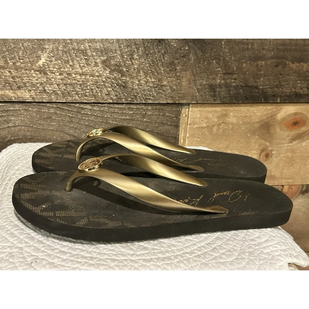 Michael Kors Womens PVC Eva Sole Gold Black Flip Flops Sandals‎ Size 11